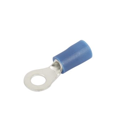 Blue vinyl ring terminal with a metal loop and insulated sleeve for 16-14 gauge wire connections.