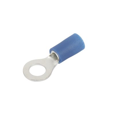 Blue vinyl ring terminal with metal loop, ideal for electrical connections with 10 stud, fits 16-14 gauge wires.