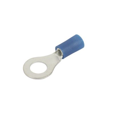 Blue vinyl ring terminal with metal loop and insulated end for electrical connections.
