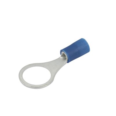 Blue vinyl ring terminal with metal ring and insulated connector for secure electrical connections.