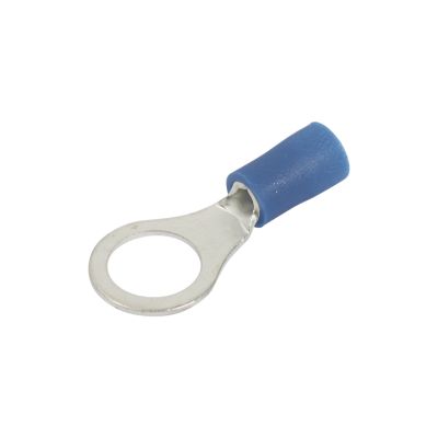 Blue vinyl ring terminal for 16-14 gauge wire, featuring a durable metal loop and insulated grip.