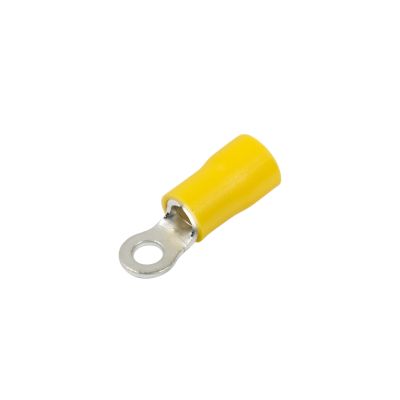 Yellow vinyl ring terminal for 6 stud, suitable for 12-10 gauge wire, featuring a metal loop and insulated sleeve.