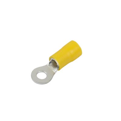 Yellow vinyl ring terminal for 8 stud applications, suitable for 12-10 gauge wiring, with a metal loop and insulated sleeve.