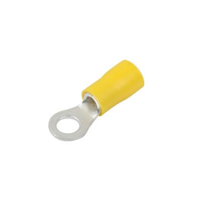 Yellow vinyl ring terminal with metal loop connector for electrical applications.