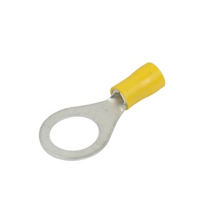 Yellow vinyl ring terminal for electrical connections, compatible with 12-10 gauge wire, featuring large metal loop.