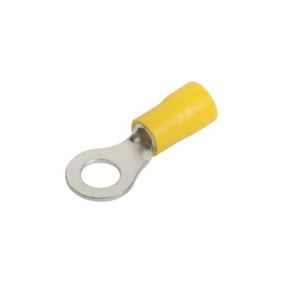 Yellow vinyl ring terminal with metal loop, designed for electrical connections and compatible with specific gauge wires.