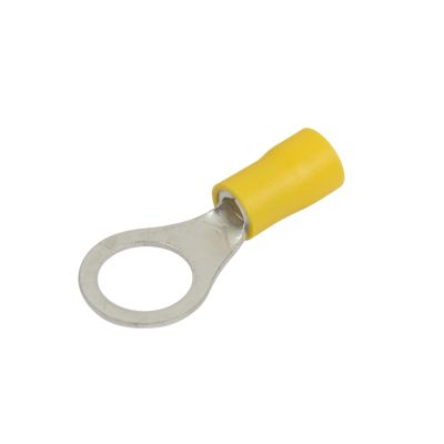 Yellow vinyl ring terminal for electrical connections, featuring a sturdy circular metal end for secure wire attachment.