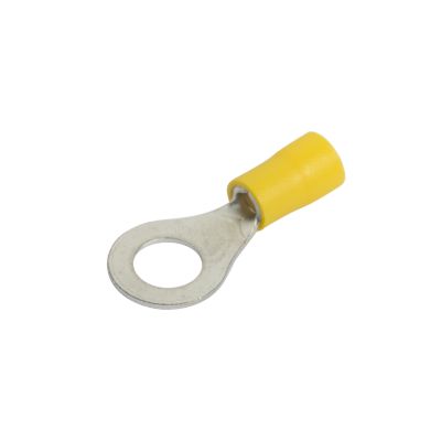 Yellow vinyl ring terminal for electrical connections, designed for 12-10 gauge wire and compatible with stud applications.