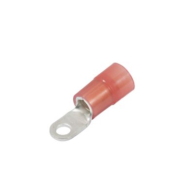 Red nylon ring terminal with a metal end designed for 8-gauge wire connections and 8 stud sizes, ideal for electrical use.