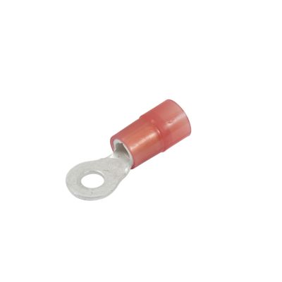 Red nylon ring terminal for wiring applications, featuring a circular lug and durable connector housing.