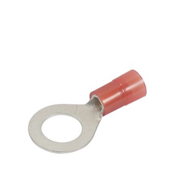 Red nylon ring terminal with a metal loop and insulated connector, ideal for electrical applications with 8 gauge wire.