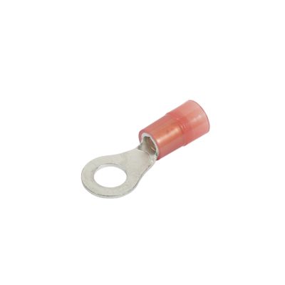 Red nylon ring terminal with metal loop for electrical connections.