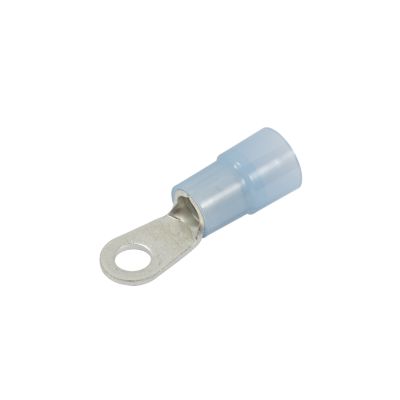 Blue nylon ring terminal with metal connector, suitable for electrical applications.