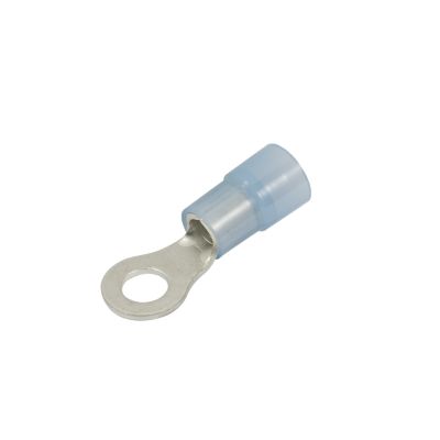 Blue nylon ring terminal, metal connector, insulated design for electrical application.