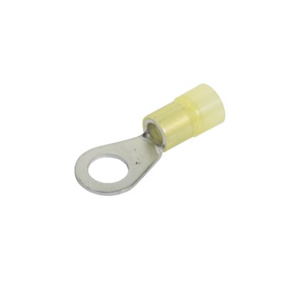 Yellow nylon ring terminal with a metal loop and insulated sleeve, designed for 4 gauge wire connections.