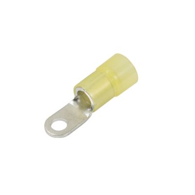 Yellow nylon ring terminal for electrical connections, featuring a metal loop and insulated sleeve.