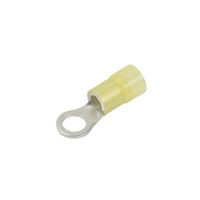 Yellow nylon ring terminal with a circular metal connector for electrical applications, designed to fit securely on wires.