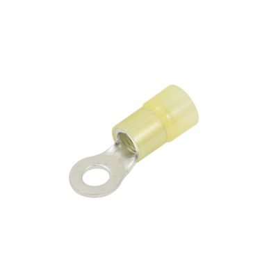 Yellow nylon ring terminal with metal eyelet for secure electrical connections. Ideal for wire gauge 4 applications.