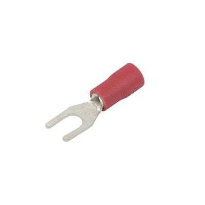 Red vinyl spade terminal, designed for secure electrical connections with a 6 stud size, supporting 22-18 gauge wires.