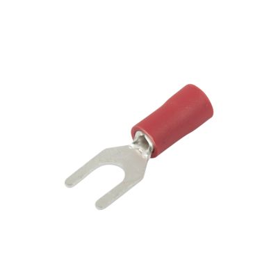 Red vinyl spade terminal with a metal fork design, suitable for electrical connections and wiring applications.