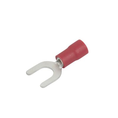 Red vinyl spade terminal with forked metal end, designed for electrical connections, suited for 10 stud and 22-18 gauge wire.