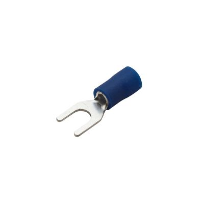 Blue vinyl spade terminal for electrical connections, angled view showing metal prongs and insulated cover.