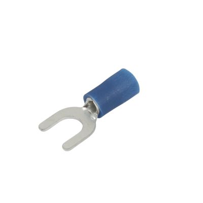 Blue vinyl spade terminal with metal prongs for electrical connections, suitable for 10 stud terminals and 16-14 gauge wires.