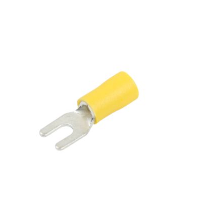 Yellow vinyl spade terminal with a metal prong for wiring connections, designed for 12-10 gauge wire applications.