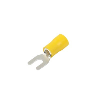 Yellow vinyl spade terminal with a metal forked end, designed for electrical connections, suitable for 12-10 gauge wires.