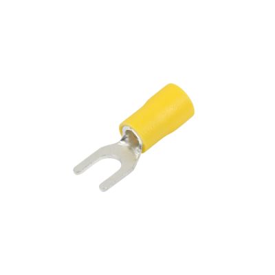 Vinyl spade terminal with yellow insulation for electrical connections, featuring a durable forked design.