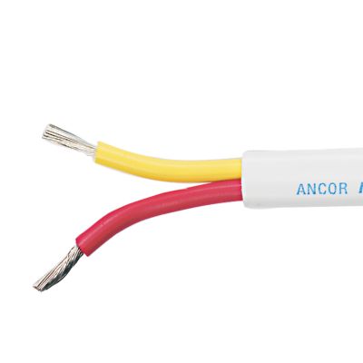 Tinned safety duplex flat cable in red and yellow with text detailing marine grade specifications.