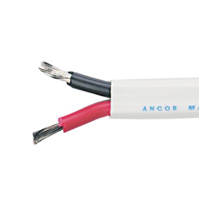 Tinned duplex flat cable with exposed black and red wires against a white background.