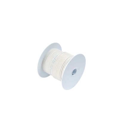 White marine grade tinned wire spool; durable and corrosion-resistant for marine use. Ideal for wiring projects.