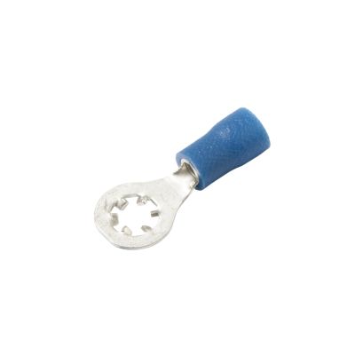 Blue vinyl star ring terminal for electrical connections; compatible with 16-14 gauge wire and 6 stud applications.