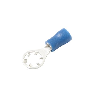 Blue vinyl star ring terminal with a round metal connector and insulated grip, suitable for 10 stud applications.