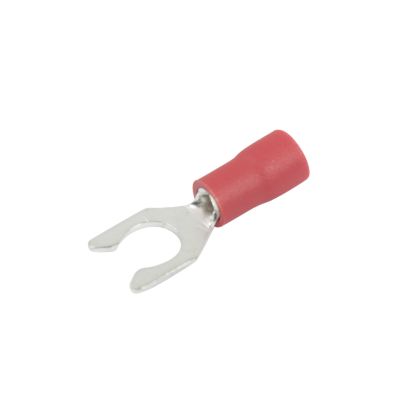 Red vinyl locking spade terminal for electrical connections, designed for specific gauge wires and stud sizes.