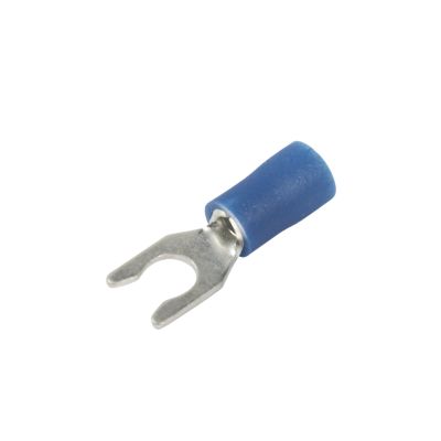 Blue vinyl locking spade terminal with forked metal end for electrical connections.