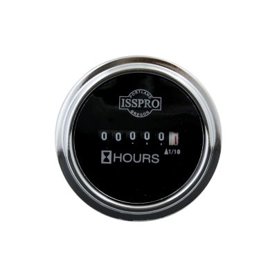 Stainless steel ISSPRO hourmeter with black dial and white hour display for 10-80V DC applications.