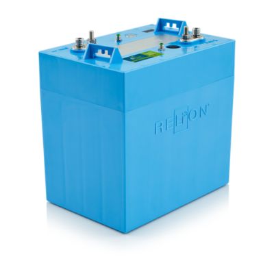 Blue RELiON 12V Legacy Lithium Battery showcasing terminals and branding, suitable for low-temperature environments.