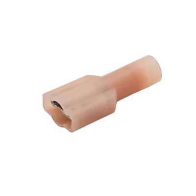 Red nylon push-on terminal, female, fully insulated, suitable for 22-18 gauge wire, close-up view.