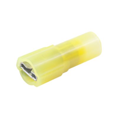 Yellow nylon push-on terminal, female, fully insulated, designed for secure electrical connections, suitable for 12-10 gauge wires.