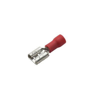 Red vinyl push-on terminal, female, partially insulated, highlighting metal connector and red sleeve for wiring tasks.
