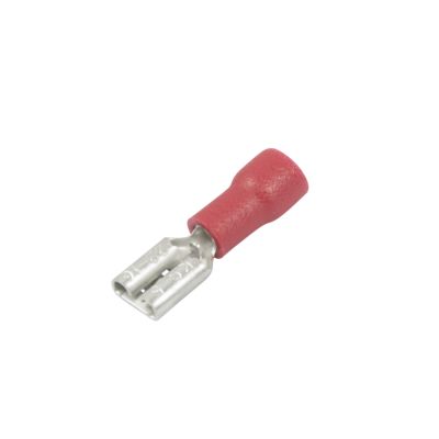 Red vinyl push-on female terminal, partially-insulated for electrical connections, suitable for various gauge wires.