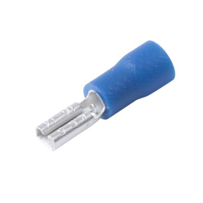 Blue vinyl female push-on terminal, partially insulated, designed for 16-14 gauge wires.