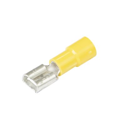 Yellow partially-insulated female vinyl push-on terminal connector for 12-10 gauge wires.