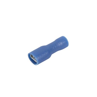 Blue vinyl push-on terminal, female, fully insulated, compatible with 16-14 gauge wires for secure electrical connections.