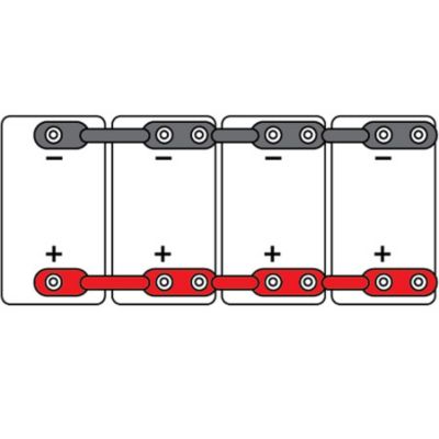 Diagram of overmolded battery cable assembly connecting four batteries with red and black cables.