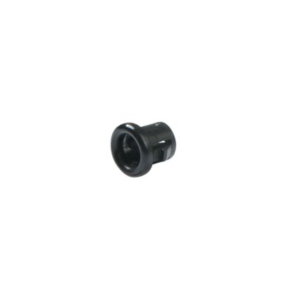 Black Heyco 2800 nylon grommet, snap bushing, designed for securing cables in a mounting hole.