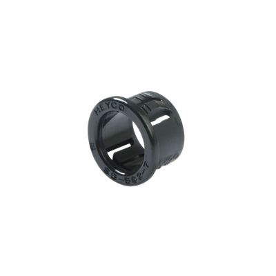 Heyco nylon grommet snap bushing with round shape, ridged sides, and smooth finish for cable management in electronics.
