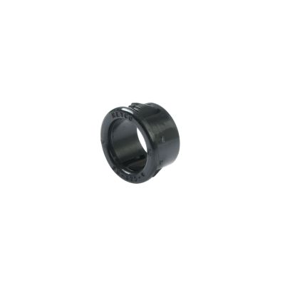 Black Heyco 2073 nylon grommet snap bushing, circular design with a central hole, ideal for mounting and securing cables.